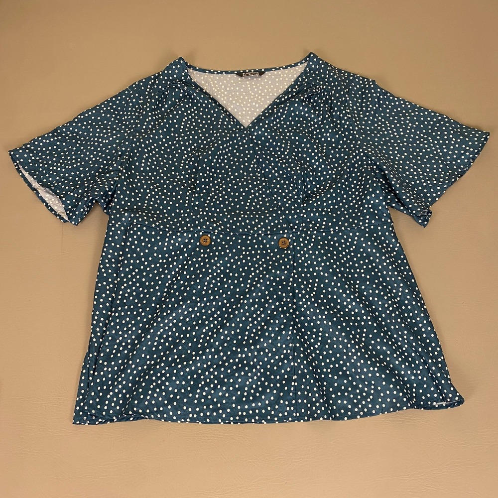 BloomChic Blouse Women Plus Size 22-24 Teal Polka Dot V-Neck Peplum Short Sleeve